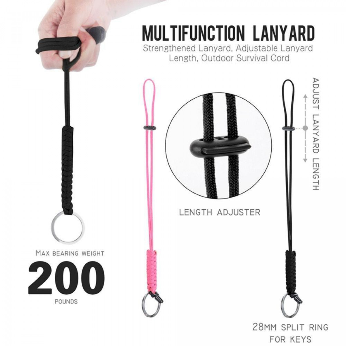 Smycz z różowym sznurkiem, czarnym sznurkiem i czarnym sznurkiem z kółkiem na klucze i regulowaną długością.