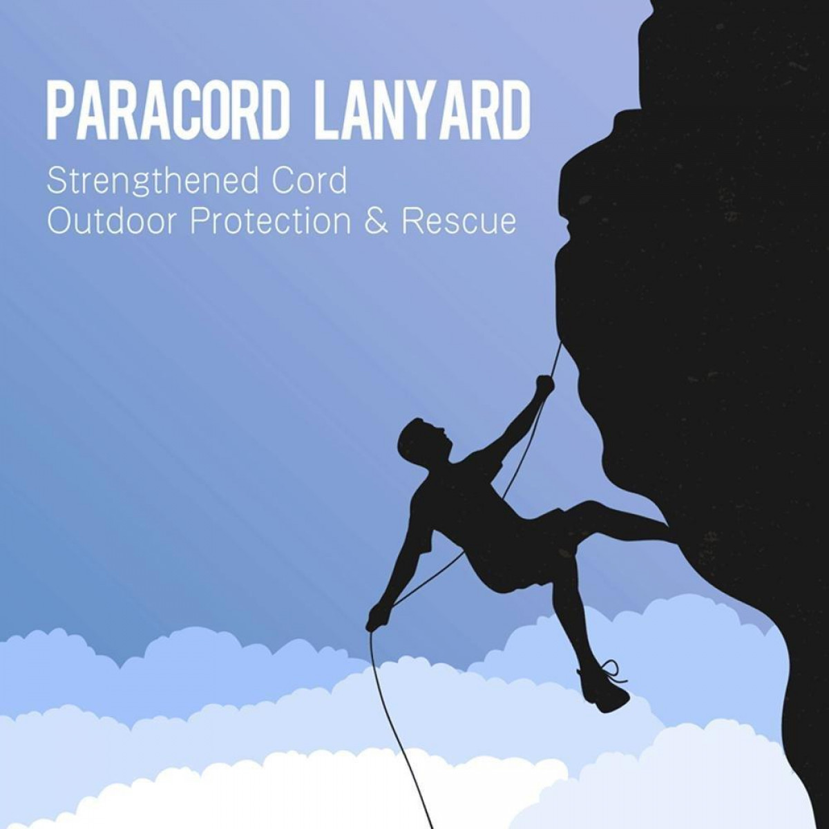 Wspinacz na ścianie skalnej, sylwetka na tle pochmurnego błękitnego nieba. Tekst mówi 'Paracord Lanyard'.