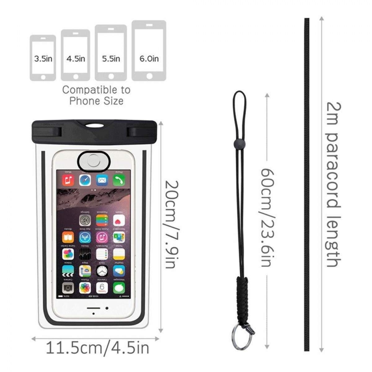 Wodoodporne etui na telefon z telefonem w środku, rozmiarami i smyczą. Ekran telefonu widoczny.