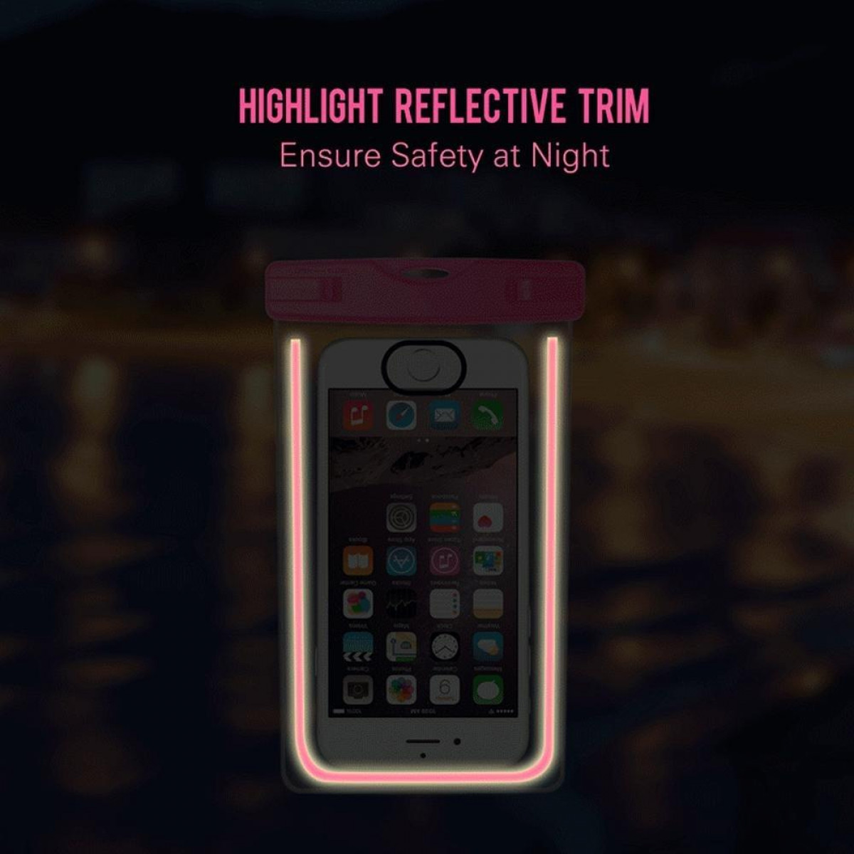 Telefon w różowym, wodoodpornym etui. Tekst: Wyróżnij odblaskowe wykończenie. Zapewnij bezpieczeństwo w nocy.