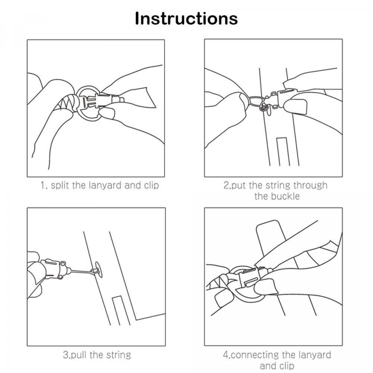 Instrukcje krok po kroku pokazujące, jak podłączyć smycz i klips. Białe tło.