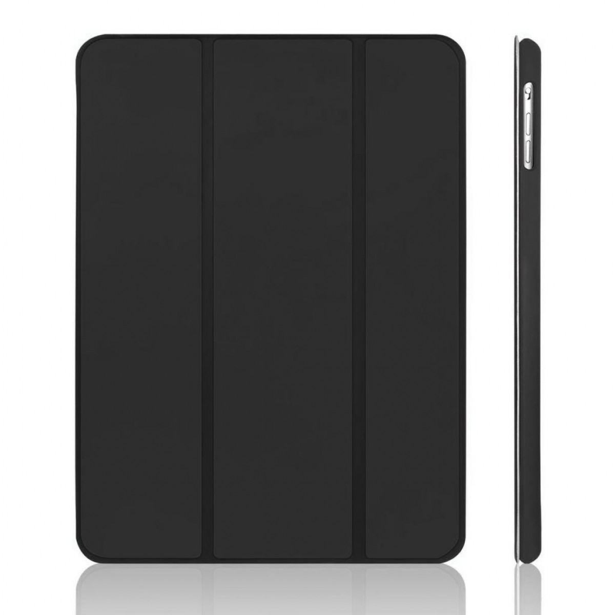 Schwarze Tablethülle mit Abdeckung. Seitenansicht zeigt dünnes Tablet mit Knöpfen.