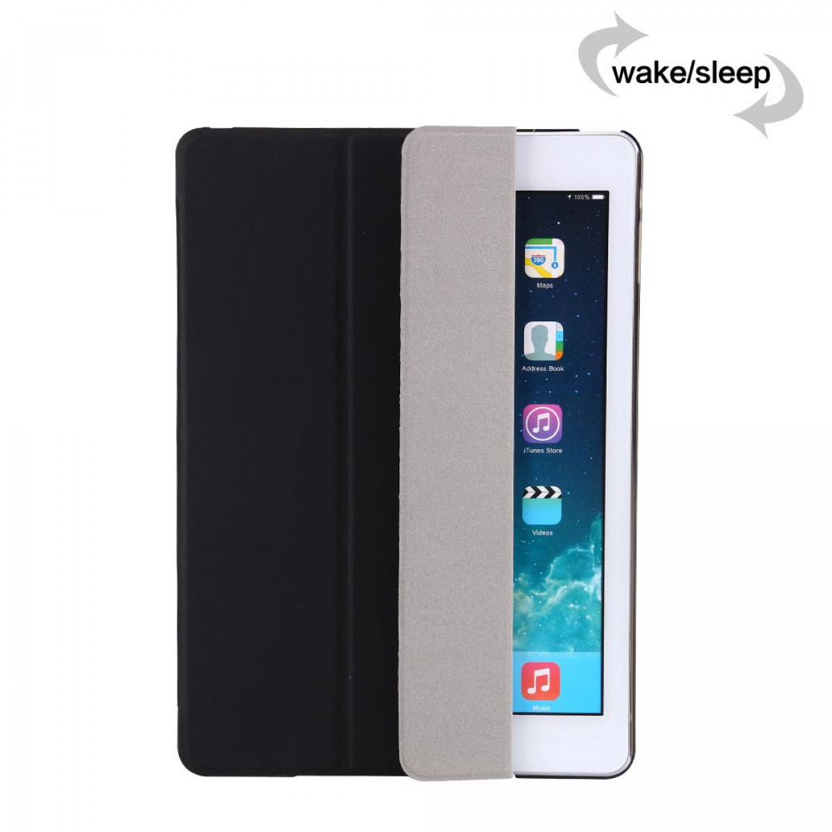 Ein iPad mini in einer schwarzen Hülle mit grauem Klappdeckel, offen, um den Bildschirm mit App-Symbolen zu zeigen.