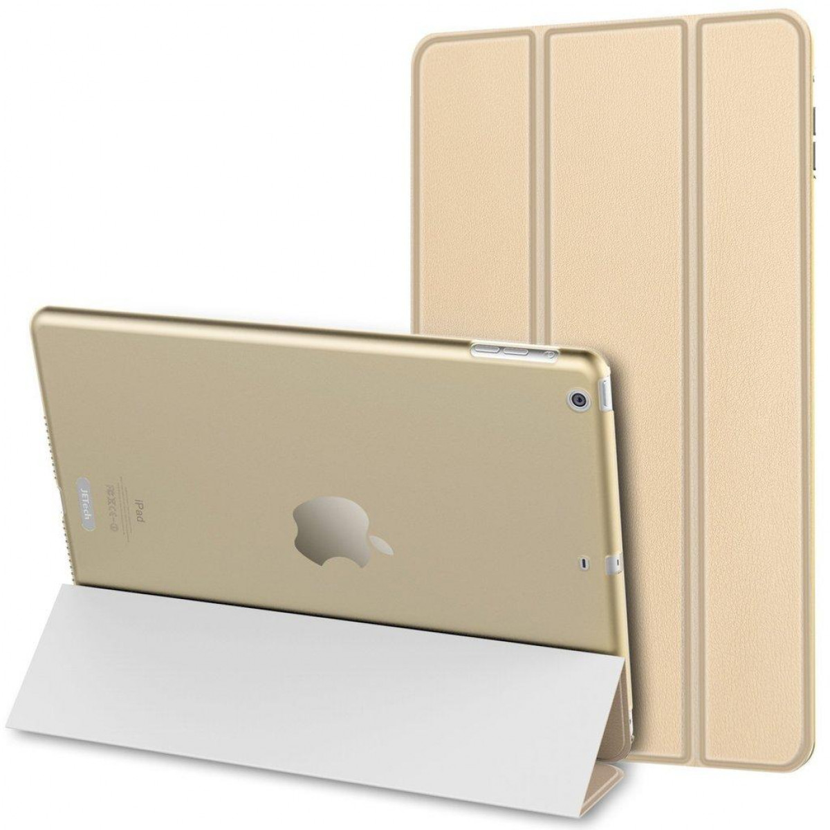 Tablet in einer goldenen Hülle, geöffnet. Das Tablet ist goldfarben. Die Hülle ist gefaltet, um das Tablet aufzustellen.