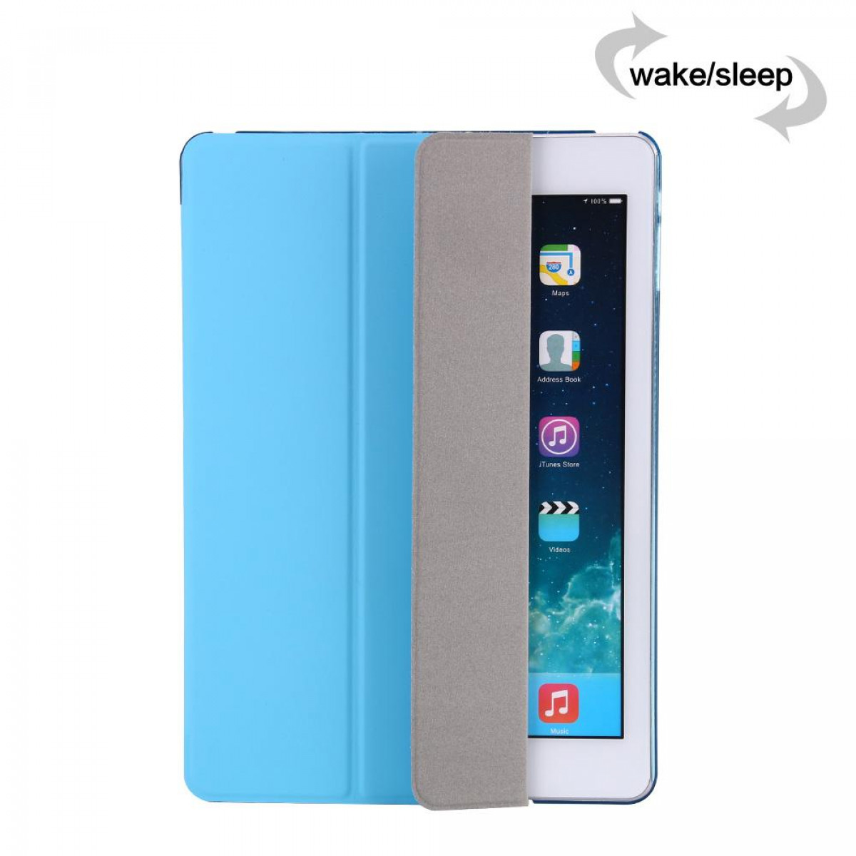 Blaue iPad-Hülle, geöffnet, um den Bildschirm mit App-Symbolen zu zeigen. Aufwach-/Schlaf-Text.