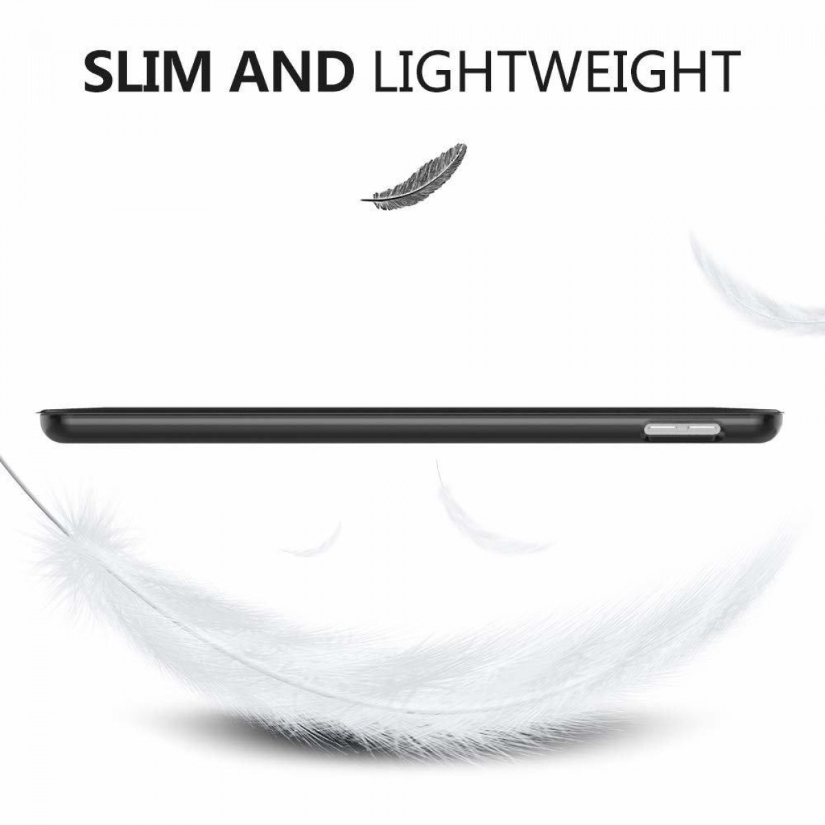 Czarne etui na telefon na białym tle, z grafiką białych piór i tekstem "SLIM AND LIGHTWEIGHT".