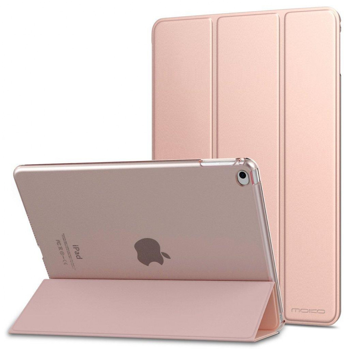 Ein rosafarbenes iPad in einem roségoldenen Gehäuse auf weißem Hintergrund.