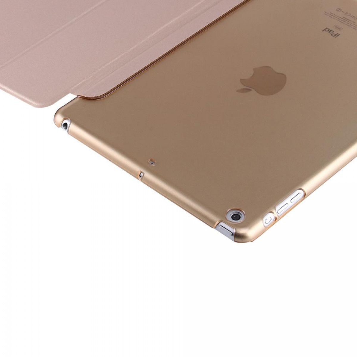 Goldenes iPad mit Hülle. Apple-Logo auf der Rückseite. Die Hülle ist teilweise geöffnet.