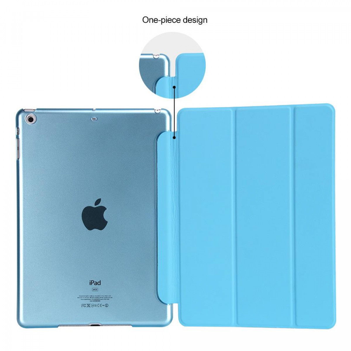 Blaues iPad mit hellblauer Hülle. Das iPad hat das Apple-Logo sichtbar.