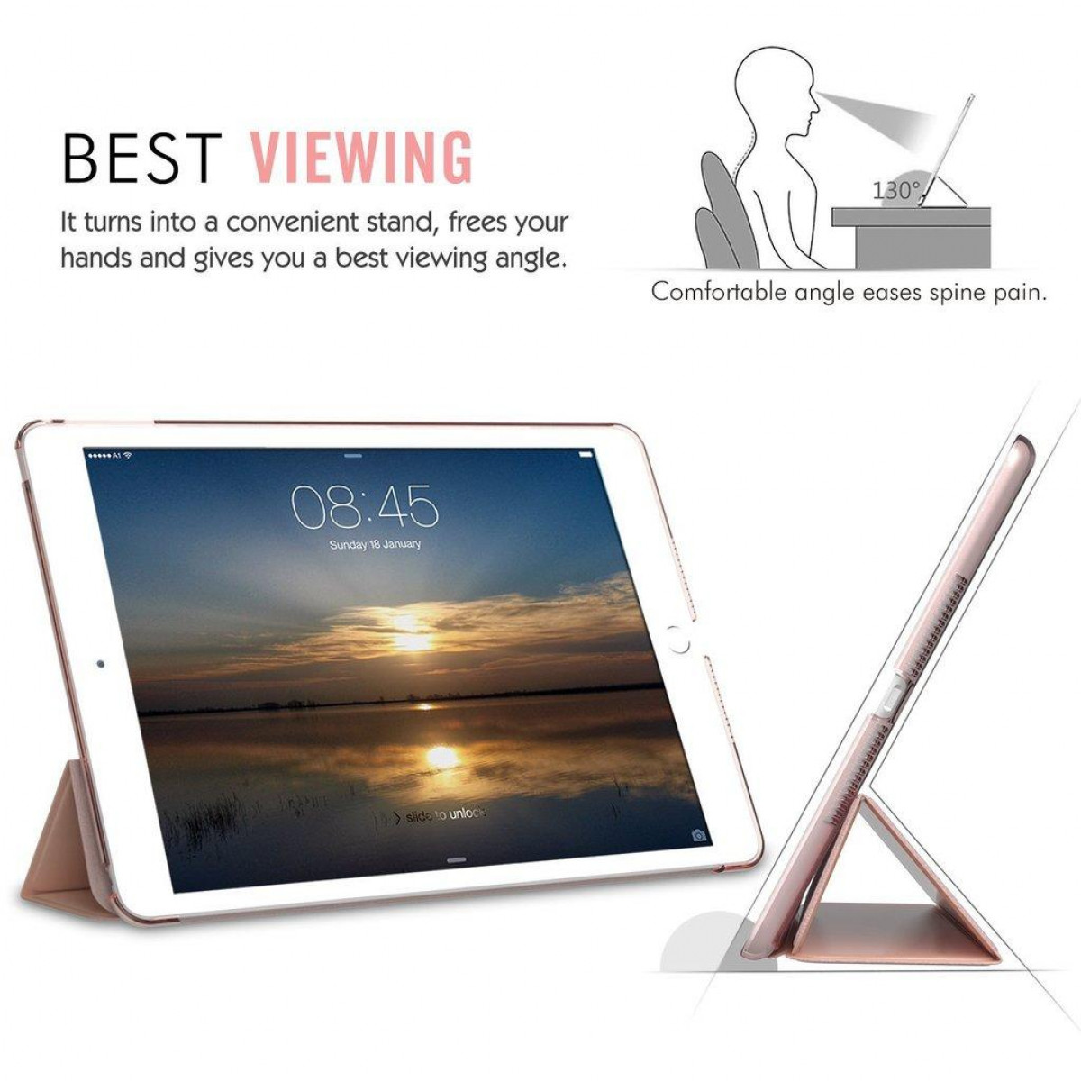 Tablet im Ständer, Sonnenuntergang. Rosa Hülle ist offen. Text erwähnt beste Betrachtungswinkel und Rückenschmerzen.