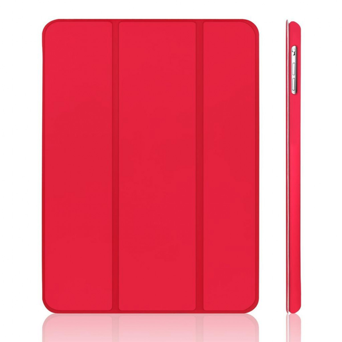 Funda roja para tableta, cerrada, con vista lateral que muestra el perfil fino.