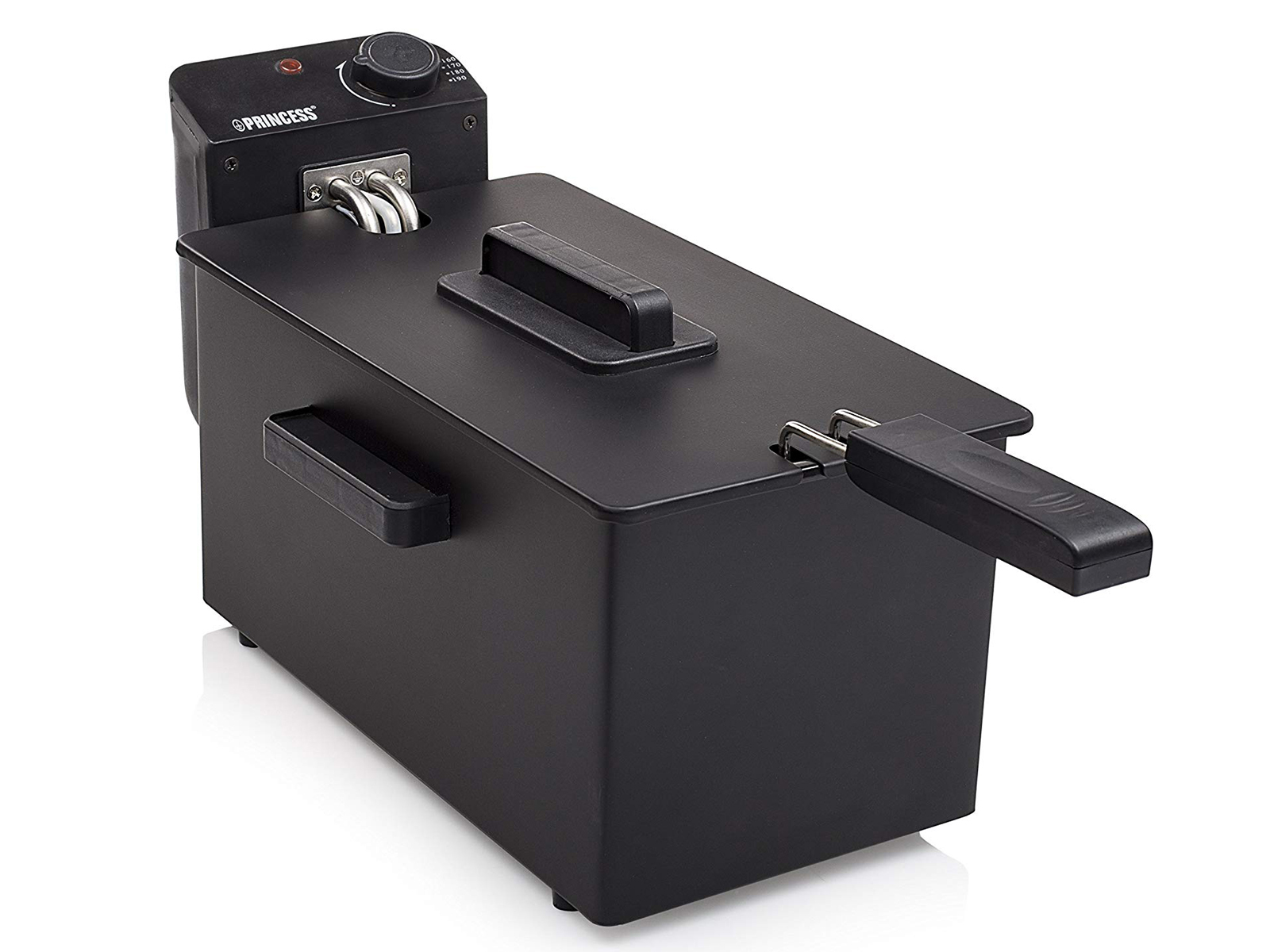 Czarna frytkownica z czarnym uchwytem i logo Princess.