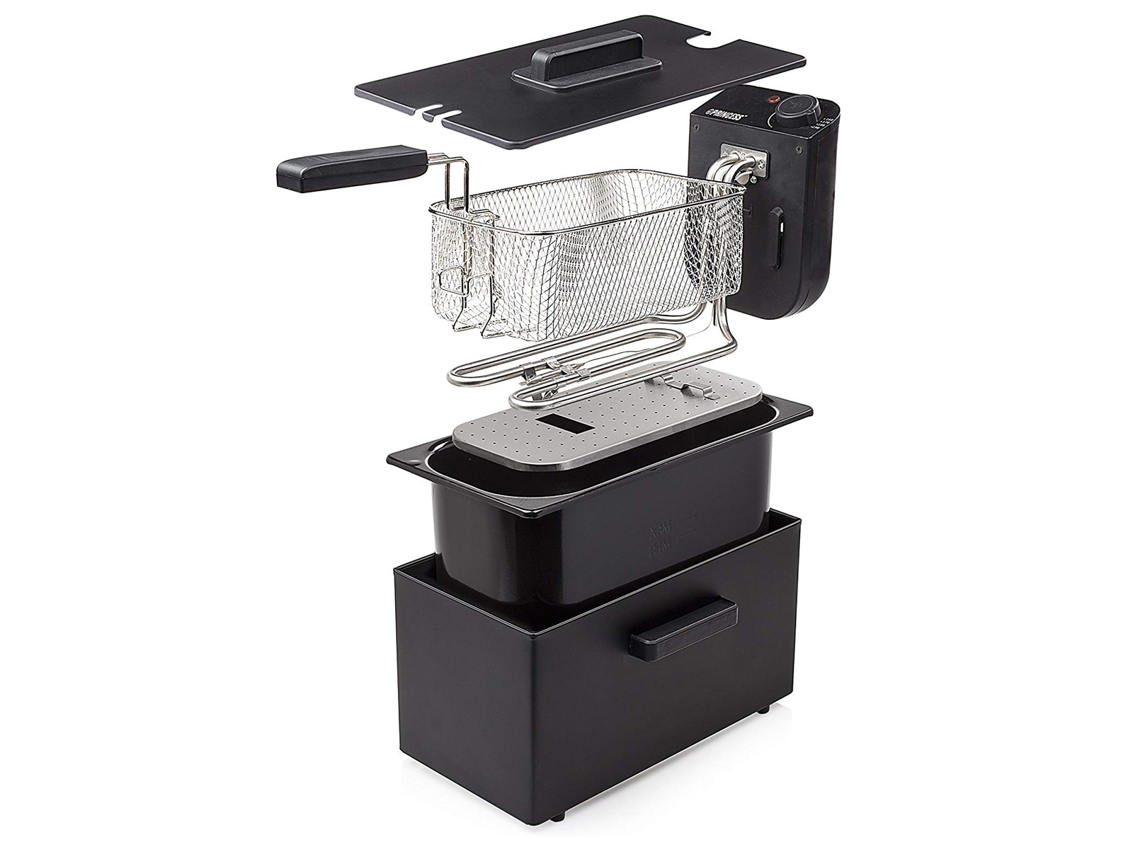 Rozłożona czarna frytownica z częściami. Kosz, element grzejny i pokrywa widoczne. Białe tło.