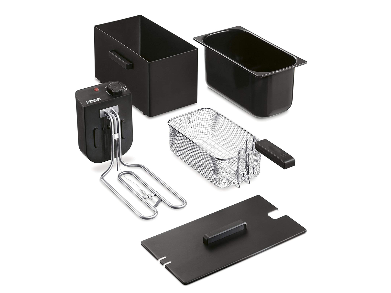 Rozłożona frytownica z czarnymi elementami na białym tle, w tym kosz, frytkownica i panel sterowania.