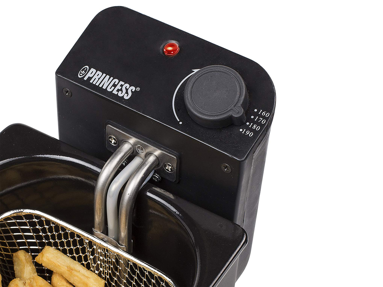 Czarna frytkownica z ustawieniami temperatury. Kosz z frytkami jest w frytkownicy.