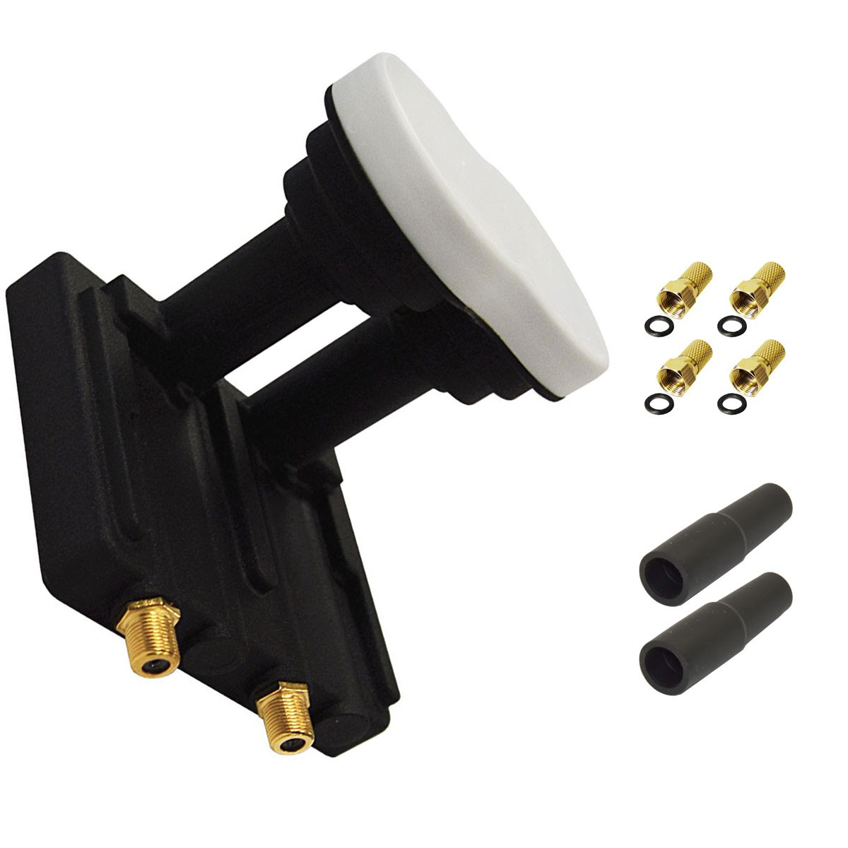 Satelliten LNB mit weißer Abdeckung, zwei schwarzen Anschlüssen, vier goldenen Anschlüssen, zwei schwarzen Kappen.