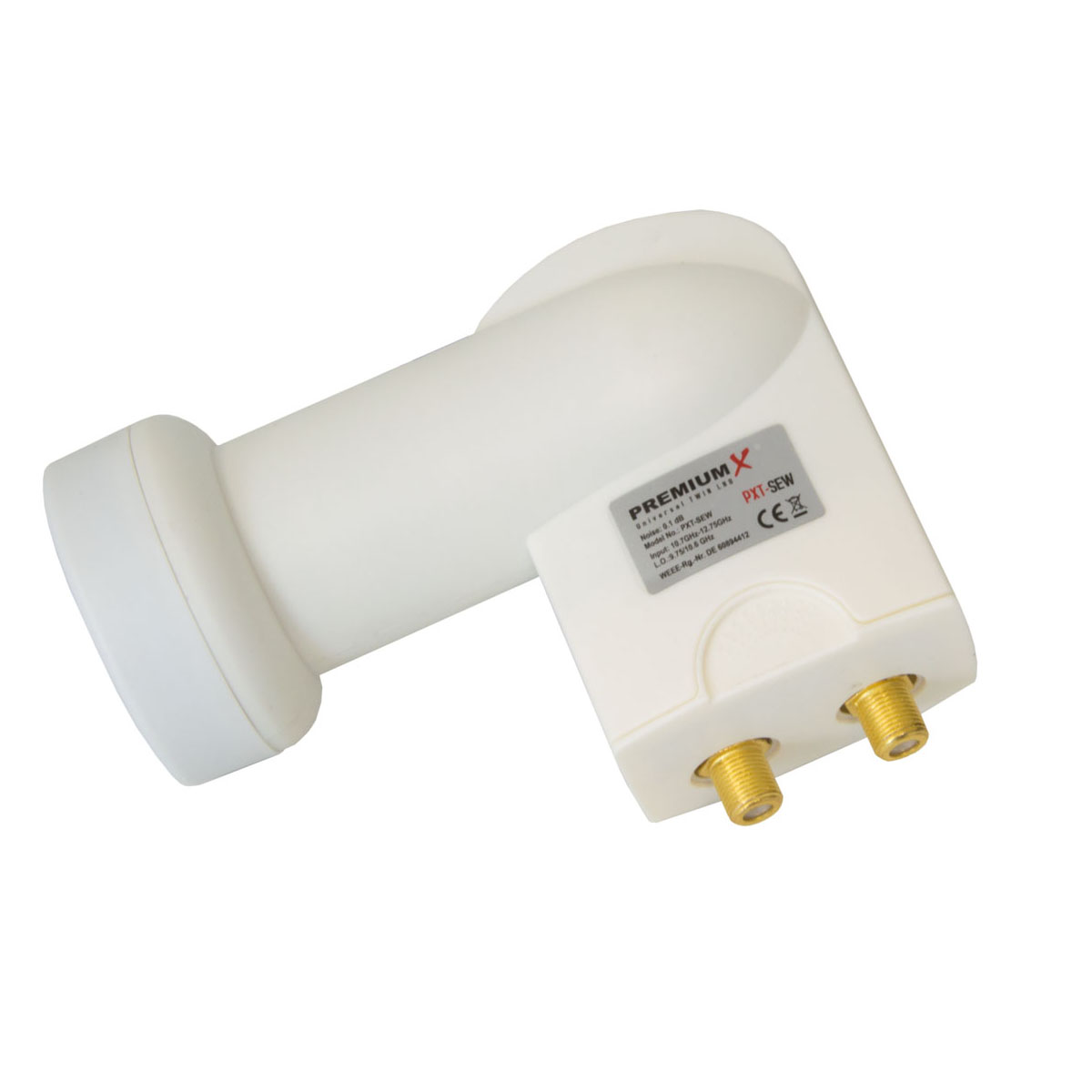 Weißes Satelliten-LNB mit zwei Anschlüssen und einem Produktetikett. Weißer Hintergrund.
