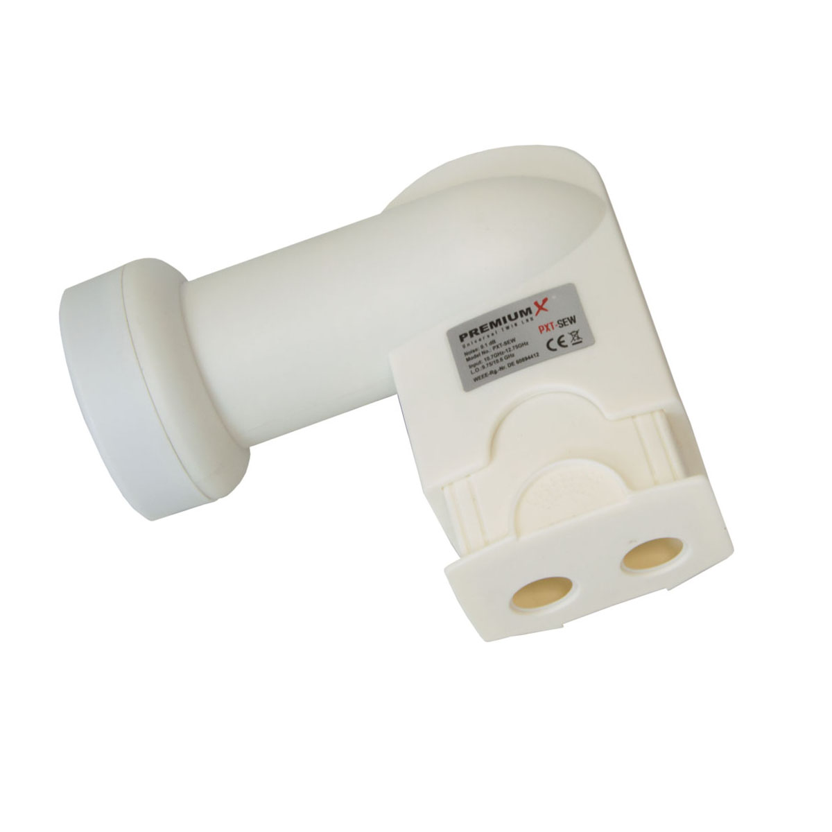 Weißes Satelliten-LNB mit Anschlüssen auf weißem Hintergrund.