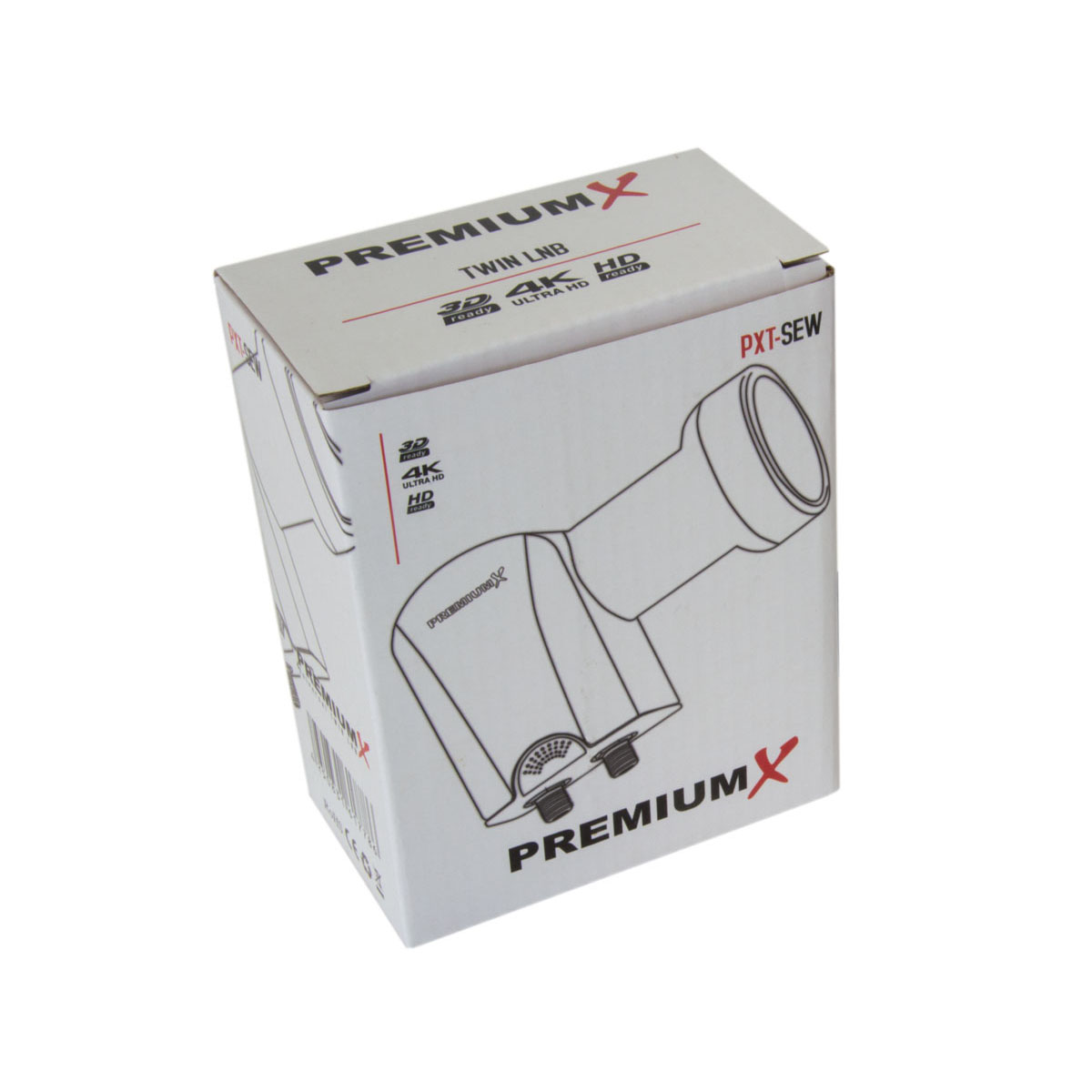 Weiße Box mit der Aufschrift 'PREMIUMX TWIN LNB' und einem Satellitenempfänger-Bild.