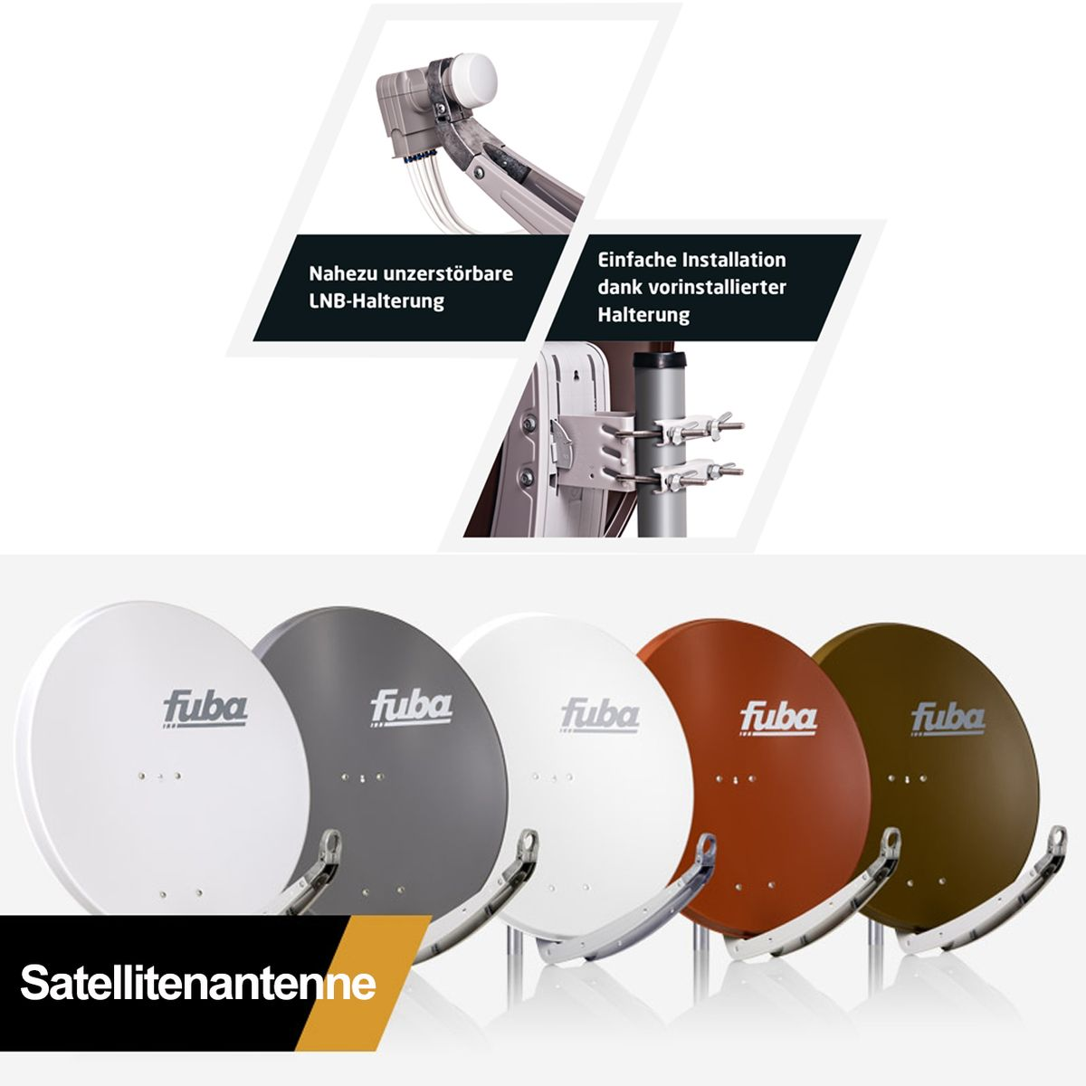 Satellitenschüssel mit unterschiedlich farbigen Schüsseln und Text. Der Hintergrund ist eine Wand.