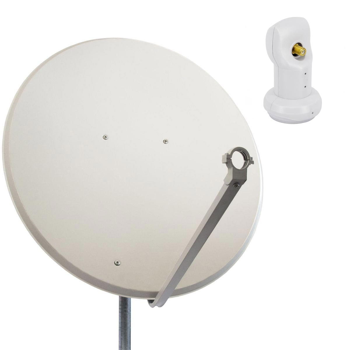 Weiße Satellitenschüssel mit Empfänger und Ständer. Weißer Hintergrund. Die Schüssel ist weiß.