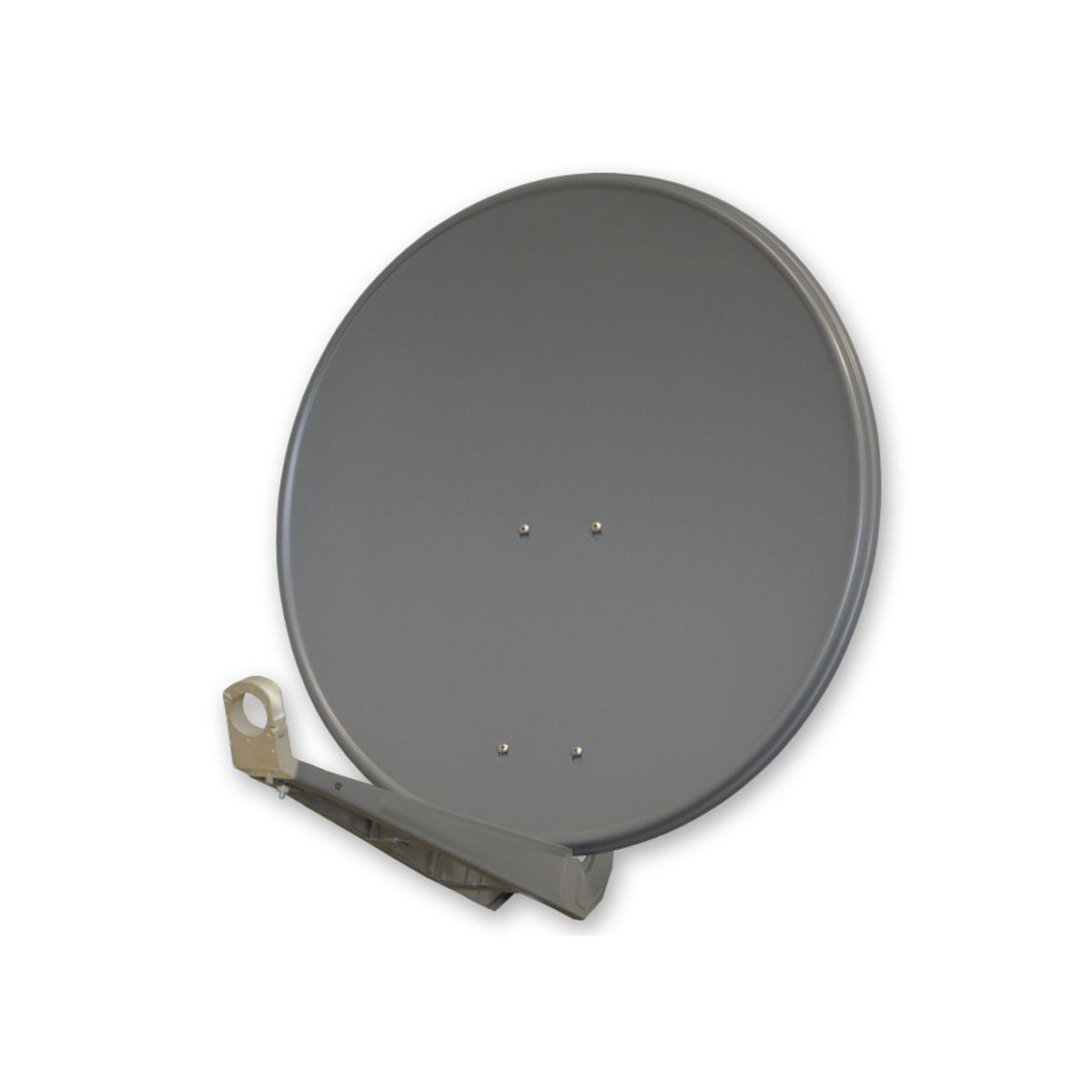 Eine graue Satellitenschüssel mit Haltearm vor weißem Hintergrund.
