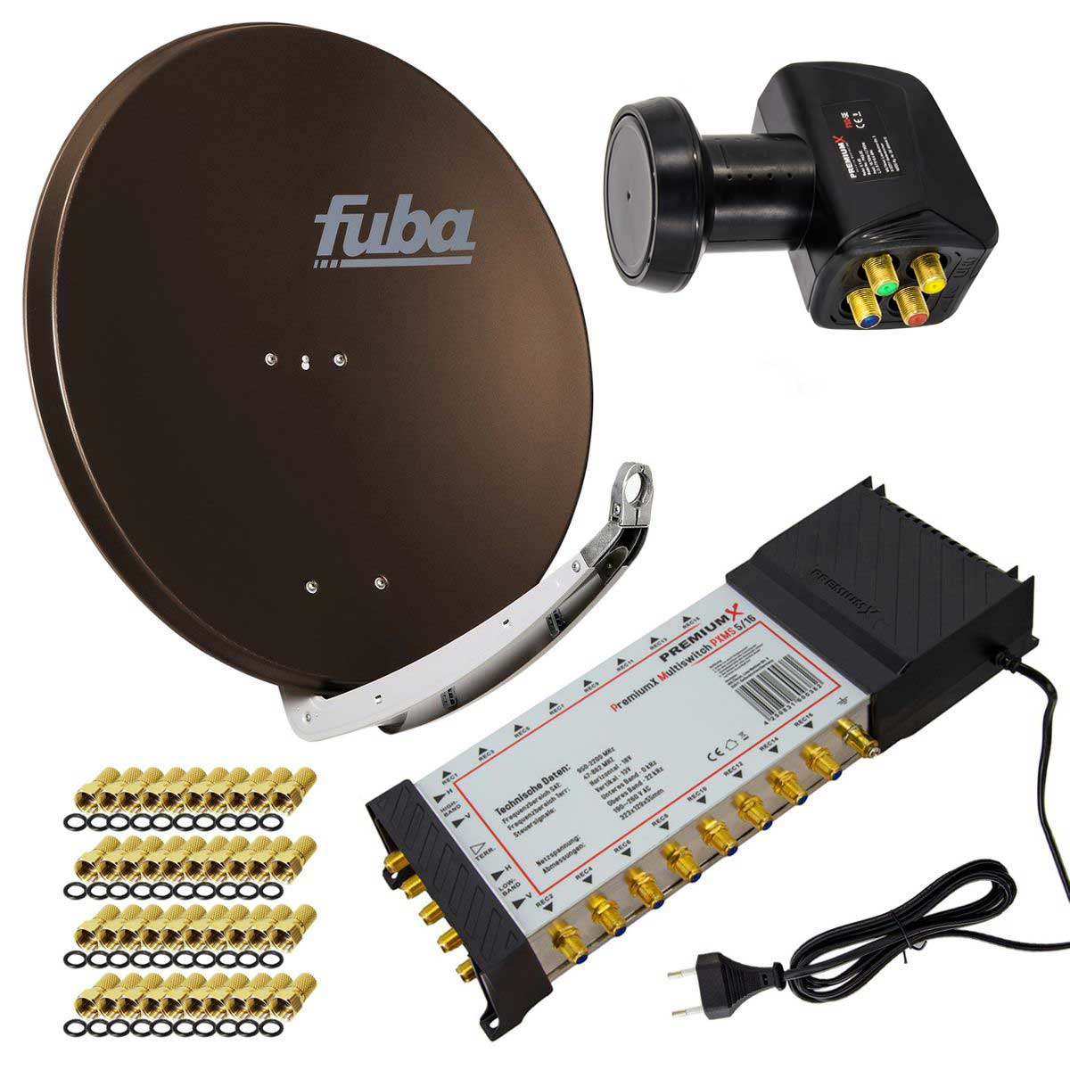 Satellitenschüssel-Set mit Schüssel, LNB und Multischalter. Inklusive Anschlüssen.