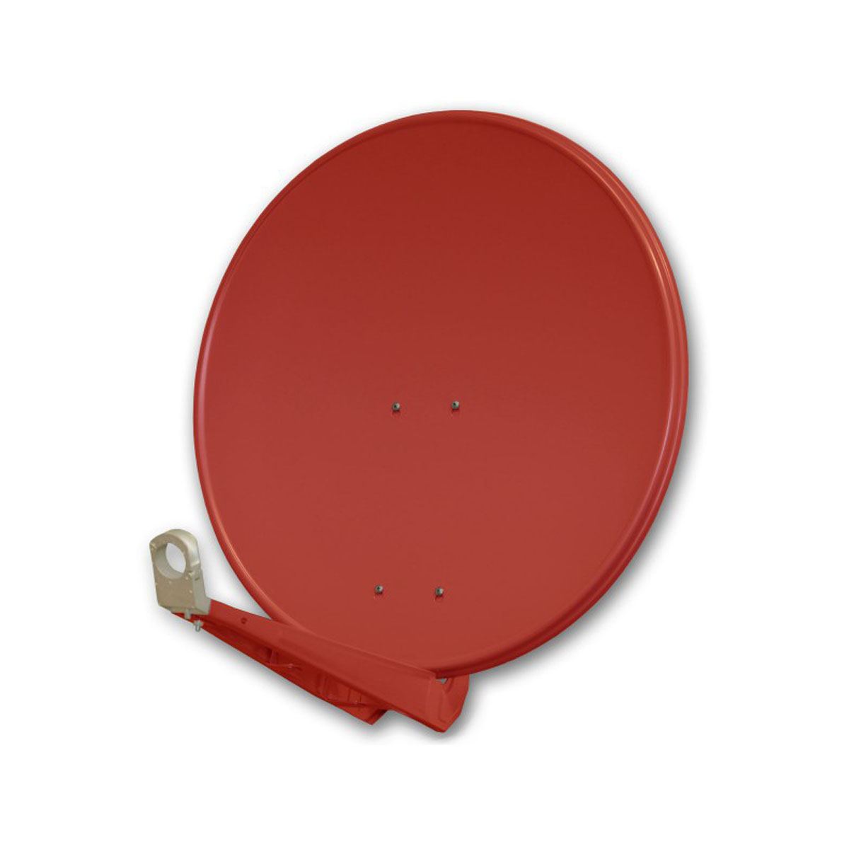 Eine rote Satellitenschüssel vor weißem Hintergrund. Die Schüssel ist rund mit einem Tragarm.