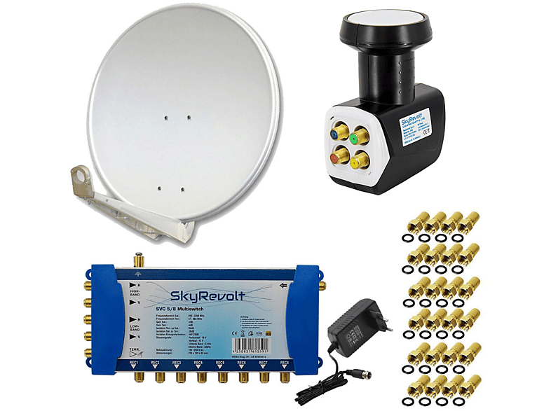 PREMIUMX DELUXE 85cm Antenne ALU Quattro SVC 5/8 Multiswitch F-Stecker Anlage Hellgrau Quattro cm, LNB) 24x Sat LNB (85