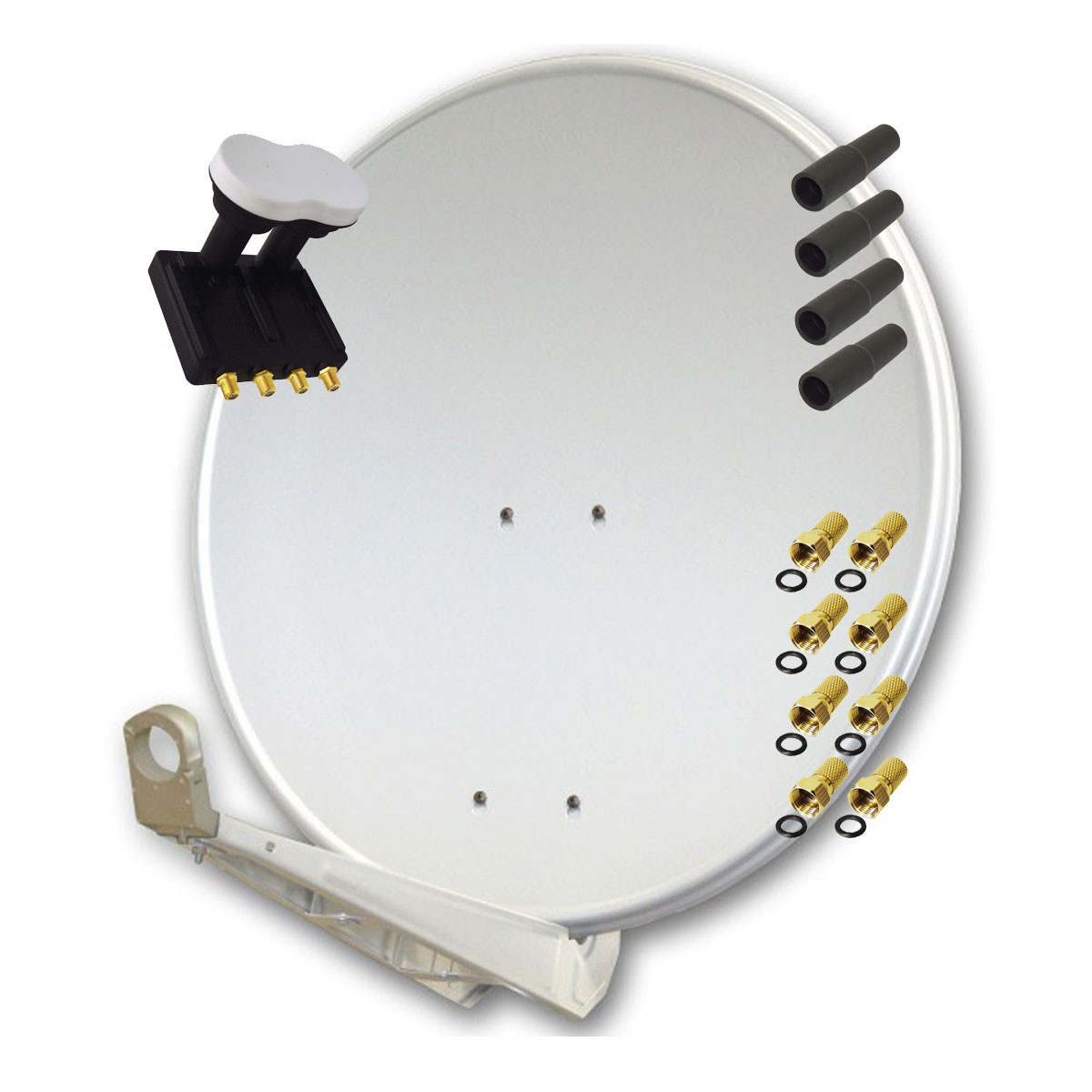 Weiße Satellitenschüssel mit Anschlüssen und einem schwarzen LNB. Es ist auf weißem Hintergrund.