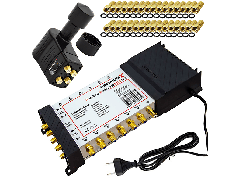 PREMIUMX Multischalter Set 5/12 SAT Rocket 3° Quattro LNB 32x F-Stecker Sat-Multischalter | Adapter & Kabel