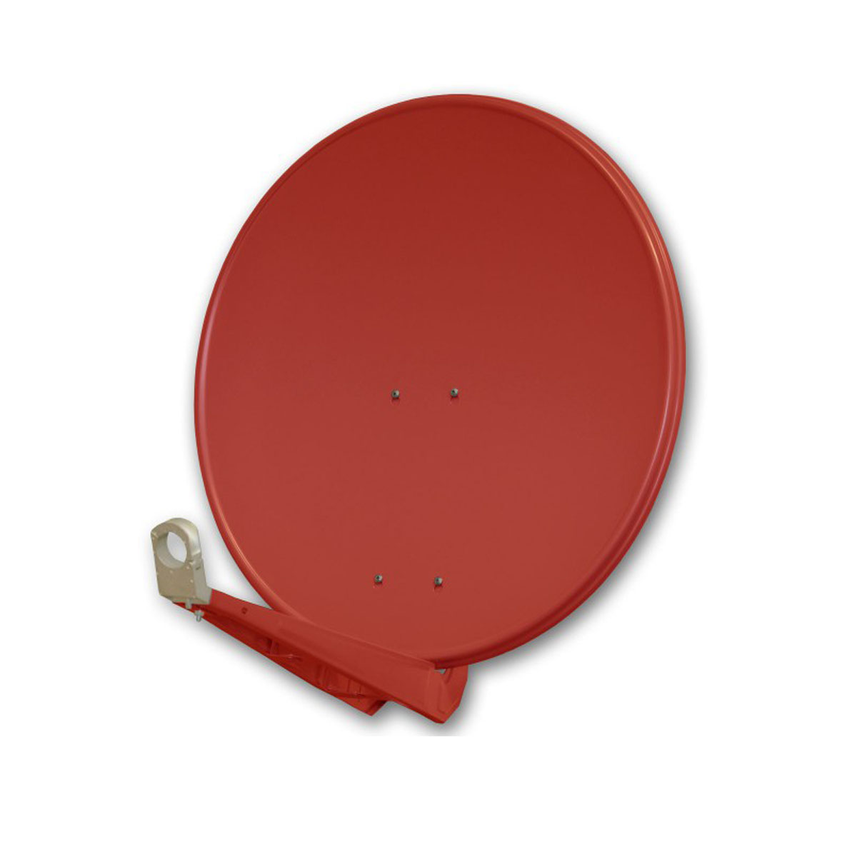 Roter Satellitenteller auf weißem Grund. Er hat einen Montagearm.