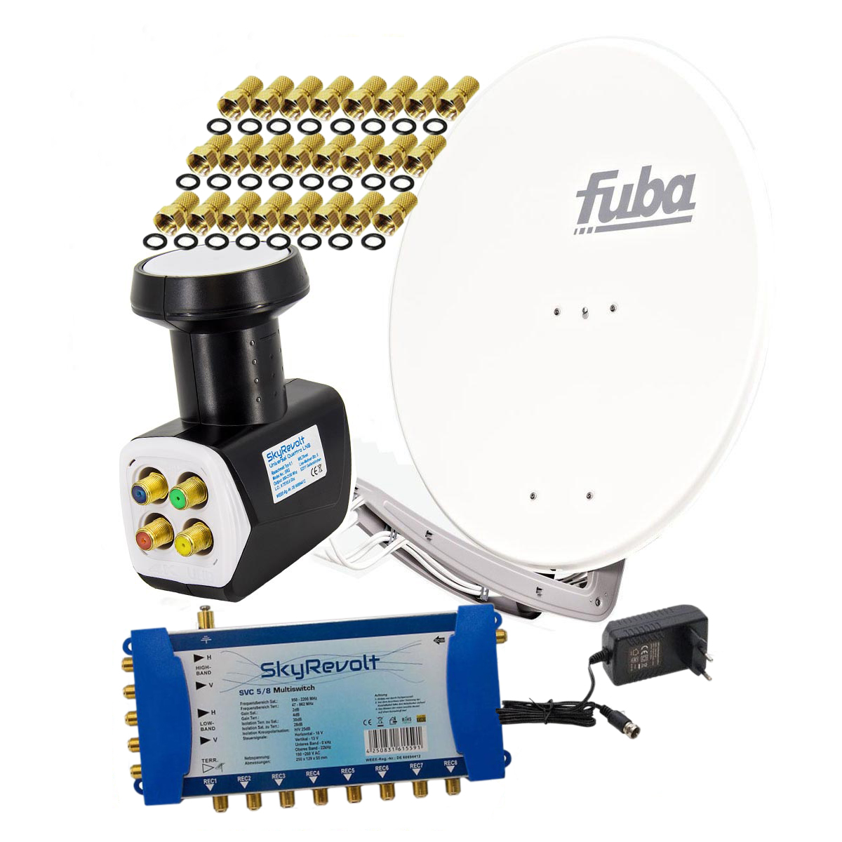 FUBA DAA 850 SAT Sat 4K cm, Weiß Anlage (85 Quattro Quattro LNB 24x F-Stecker HDTV ALU Anlage LNB) Multischalter 5/8