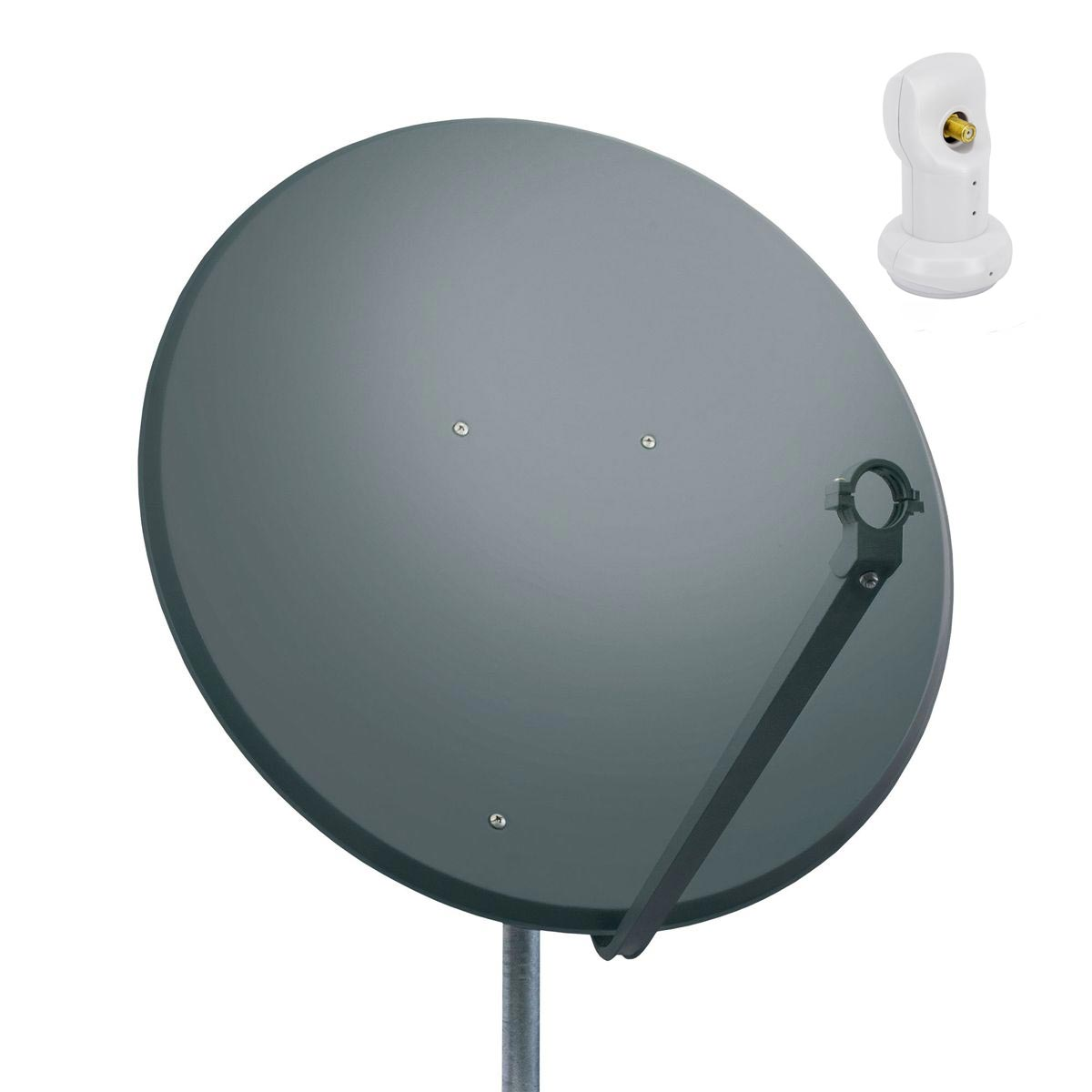 Graue Satellitenschüssel mit LNB und Halterung auf weißem Hintergrund.