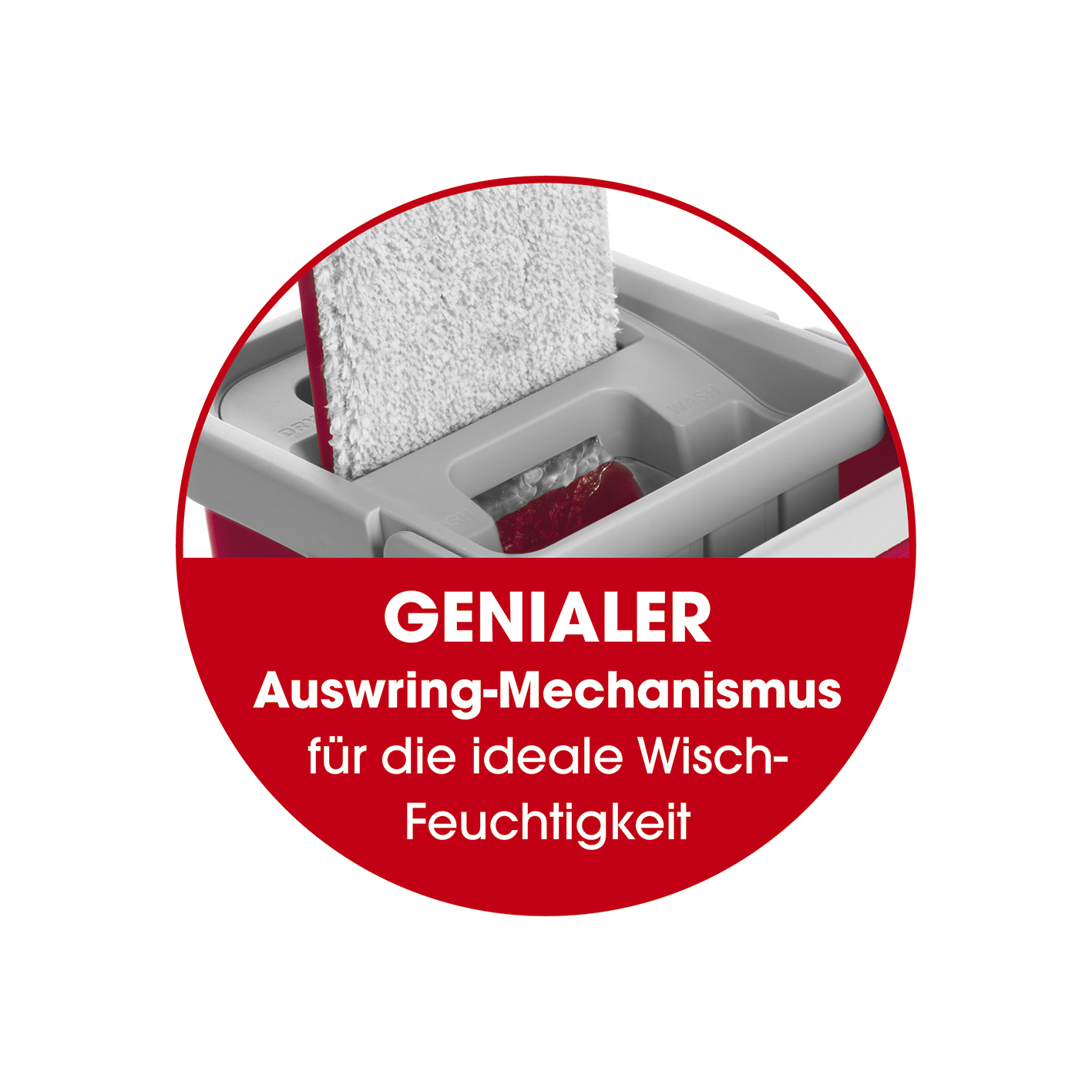 Roter und grauer Wischmopp mit weißem Mikrofasertuch. Text: GENIALER Auswring-Mechanismus.