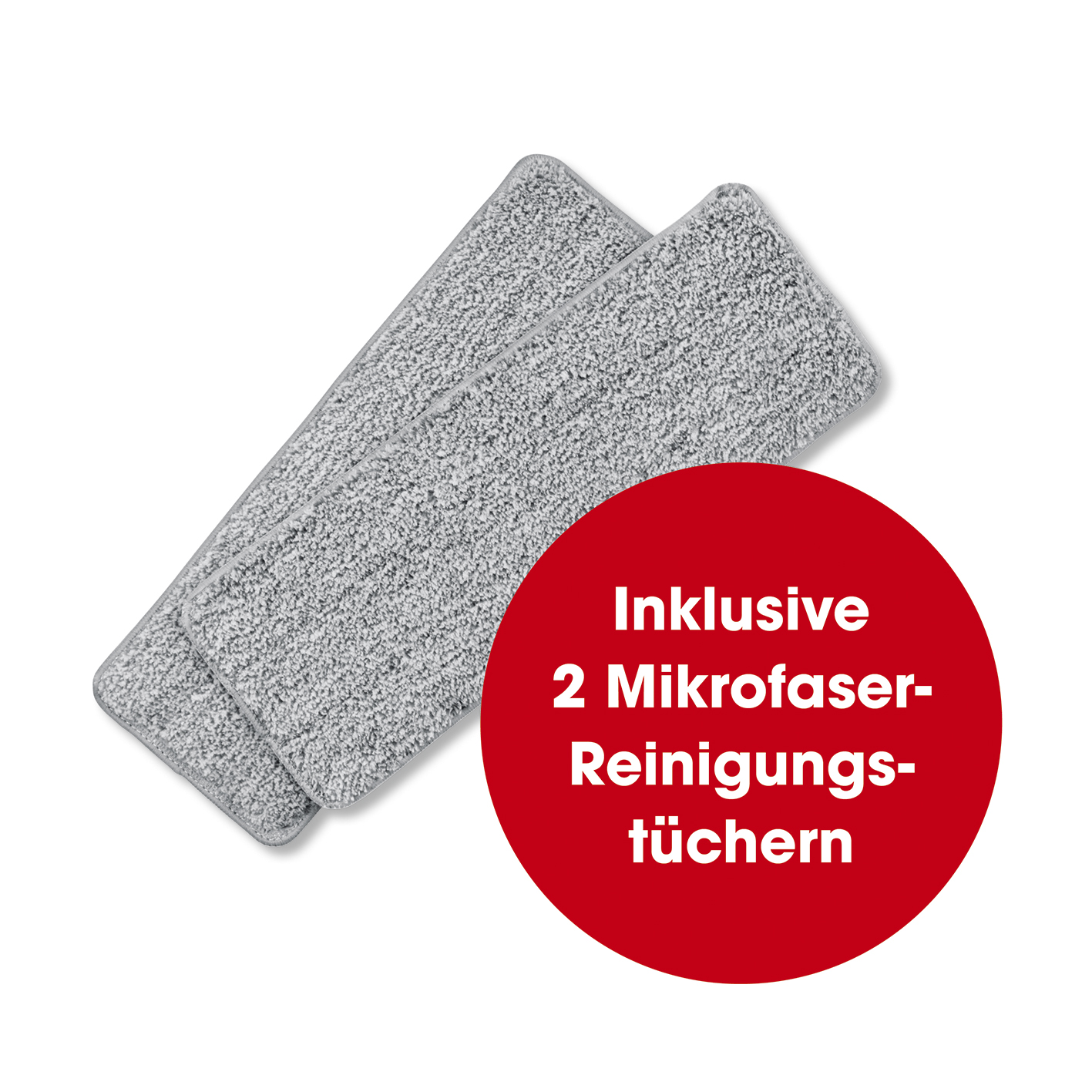 Zwei graue Mikrofaser-Reinigungspads mit rotem Kreis, der sagt 'Inklusive 2 Mikrofasertücher'.