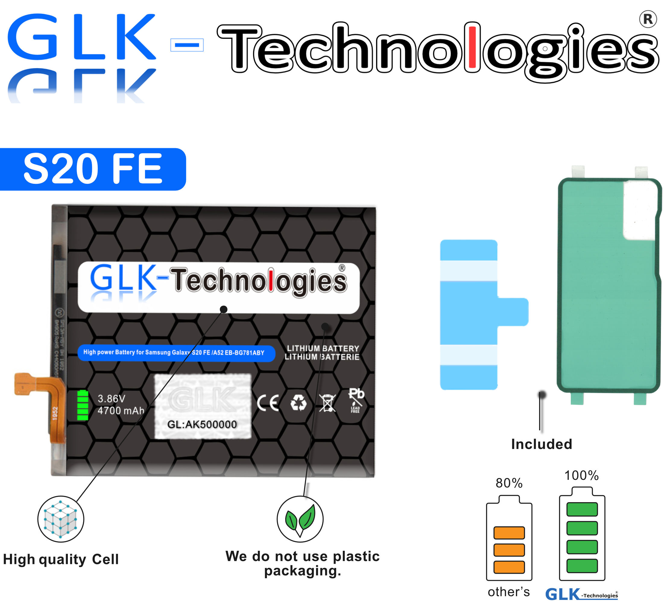 GLK-TECHNOLOGIES Ersatz S20 G781B Akku Galaxy FE Smartphone G780F Akku 2x für FE Ersatz Klebebandsätze Lithium-Ionen-Akku S20 Samsung inkl. 4700mAh 5G