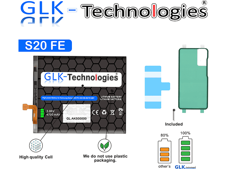 GLK-TECHNOLOGIES Ersatz Akku für Samsung Galaxy S20 FE G780F S20 FE 5G G781B 4700mAh inkl. 2x Klebebandsätze Lithium-Ionen-Akku Smartphone Ersatz Akku