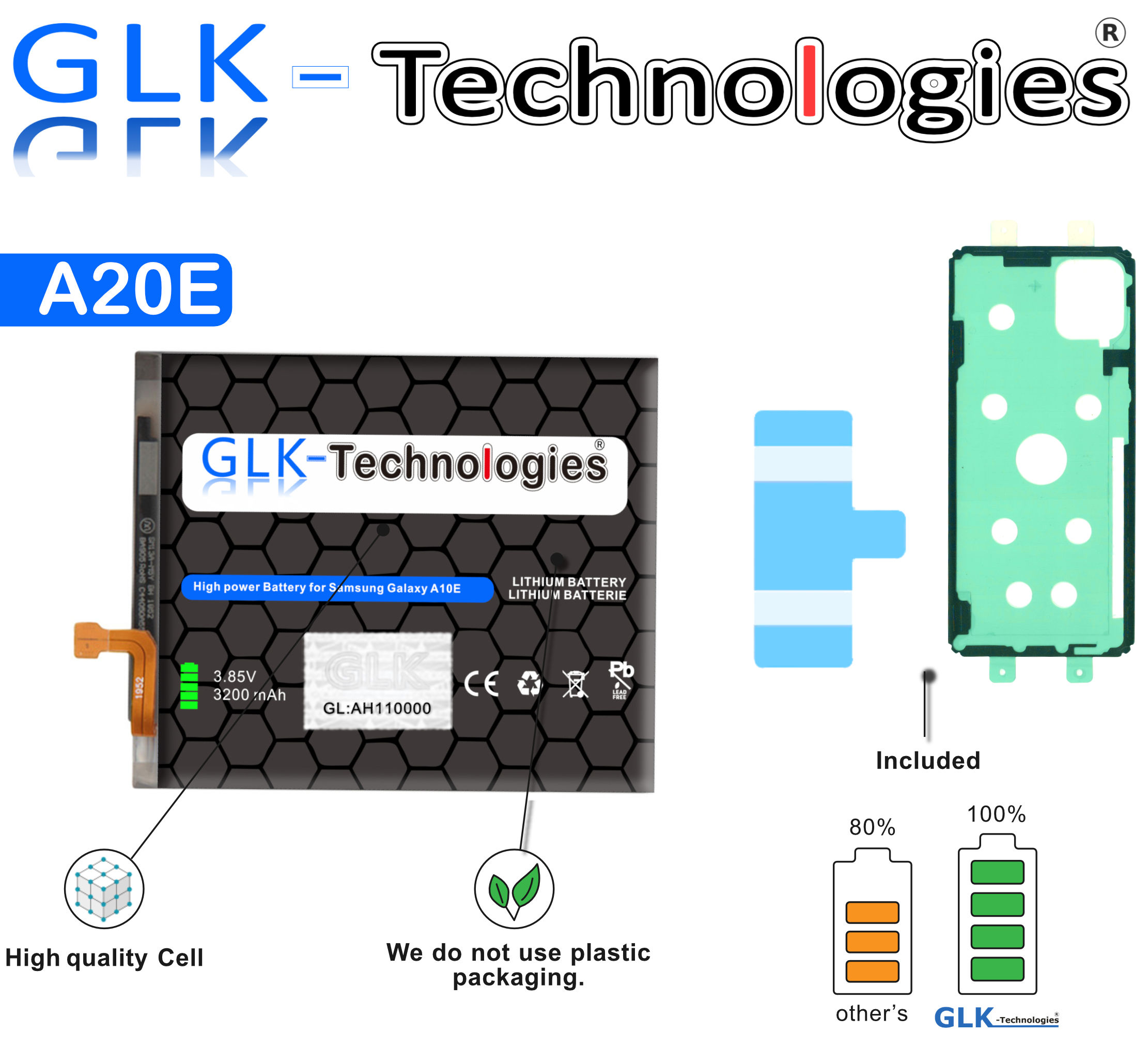 GLK-TECHNOLOGIES High Power Akku für 2x Lithium-Ionen-Akku Akku SM-A102P inkl. Ersatz A20e 3200mAh Samsung Galaxy SM-A102 SM-A102N Smartphone Klebebandsätze