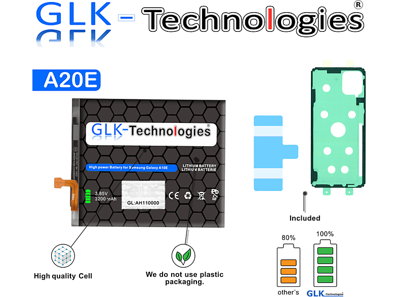 GLK-TECHNOLOGIES High Akku Smartphone SM-A102P 2x inkl. Ersatz SM-A102 Samsung Lithium-Ionen-Akku 3200mAh Klebebandsätze A20e für SM-A102N Galaxy Akku Power