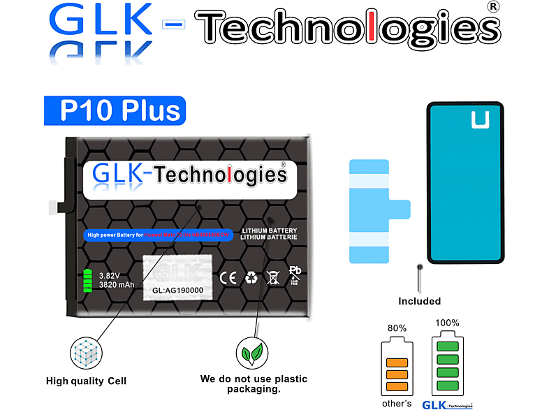 GLK-TECHNOLOGIES High Power Ersatz Akku für Huawei P10 Plus HB386589ECW Battery 3820mAh inkl. 2x Klebebandsätze Lithium-Ionen-Akku Smartphone Ersatz Akku