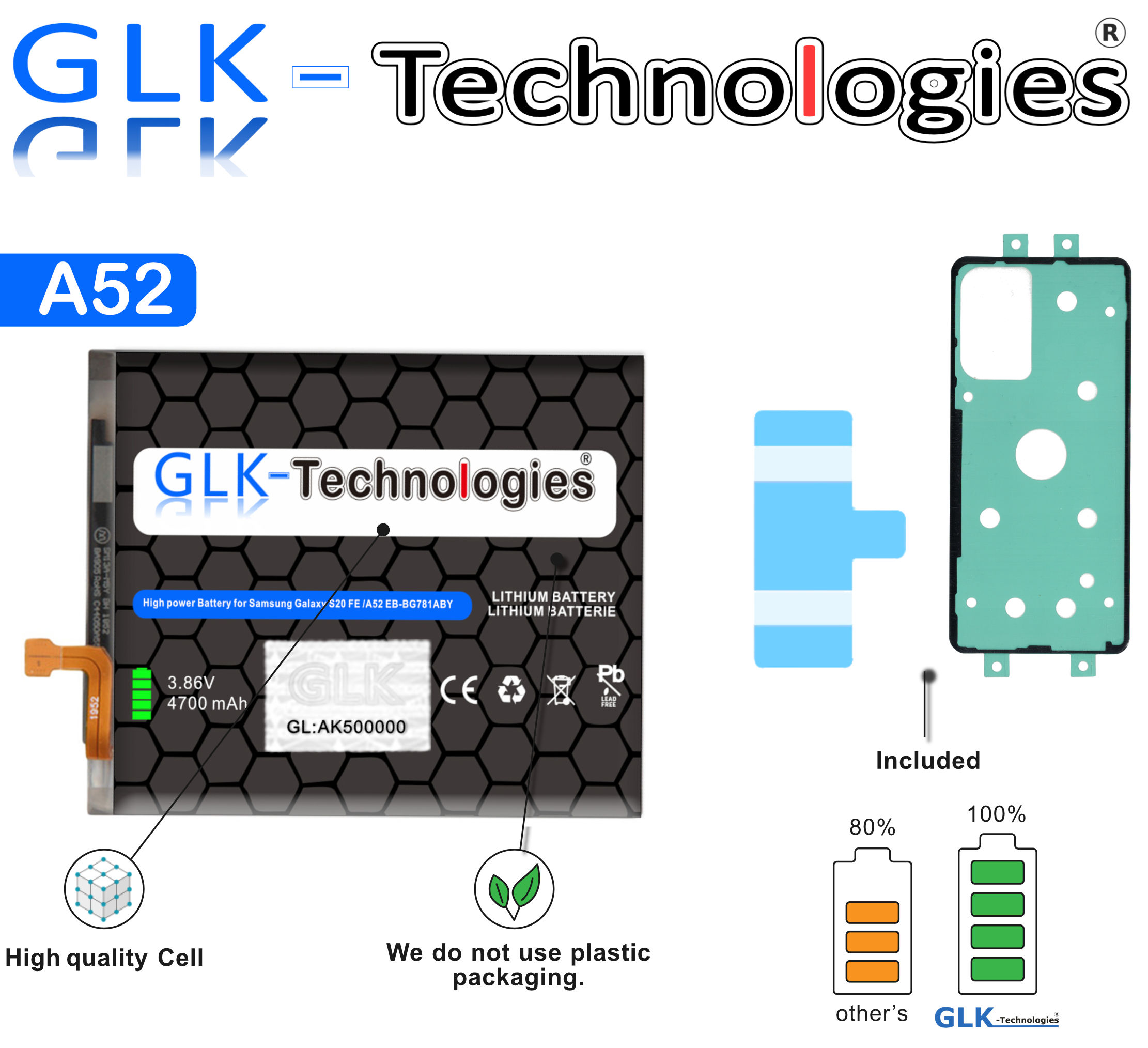 GLK-TECHNOLOGIES Ersatz Akku für 2x Smartphone Ersatz Klebebandsätze Akku A528B A52 A52s 5G Galaxy inkl. 4700mAh A526B, A52 Samsung A525F, Lithium-Ionen-Akku