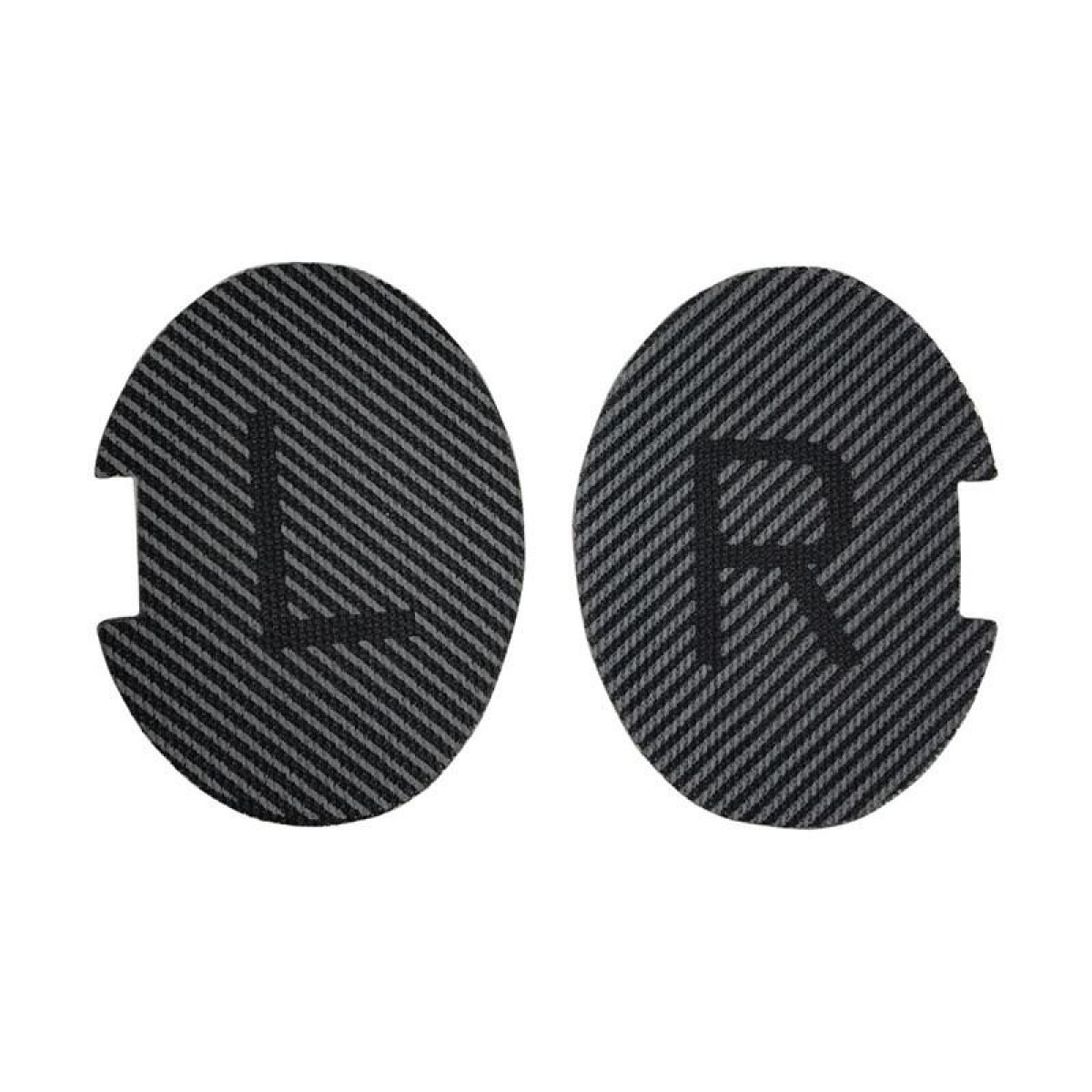 Dwie czarno-szare naszywki. Lewa ma białą literę 'L', prawa białą literę 'R'.