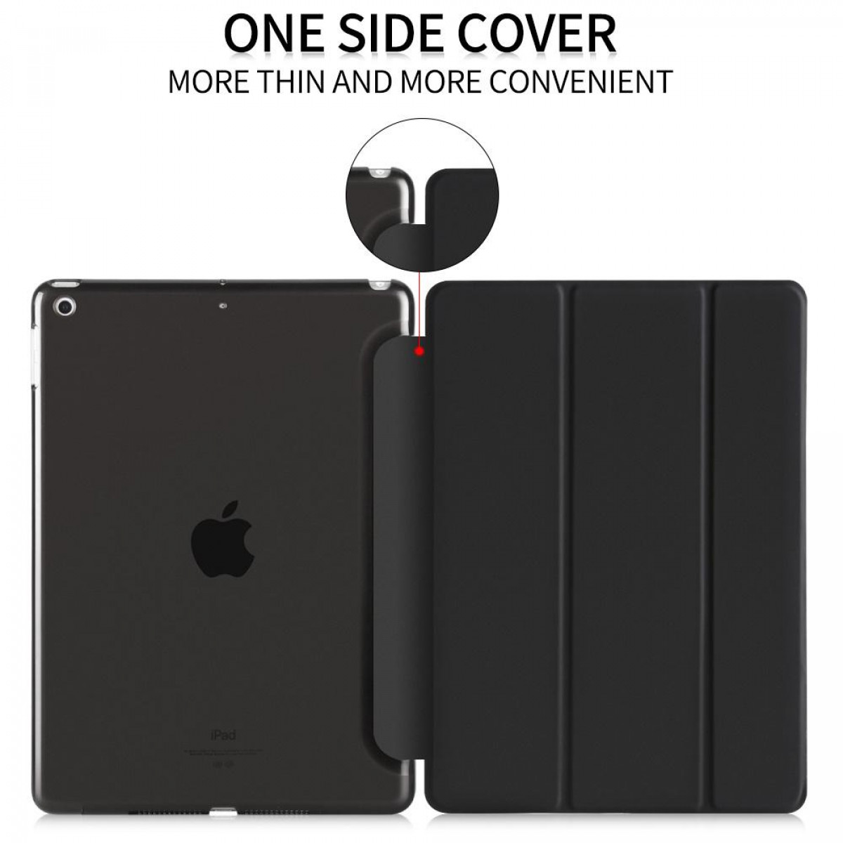Schwarzes iPad mit nach rechts geöffneter Hülle. Die Hülle ist geschlossen und das iPad in einer Hülle.
