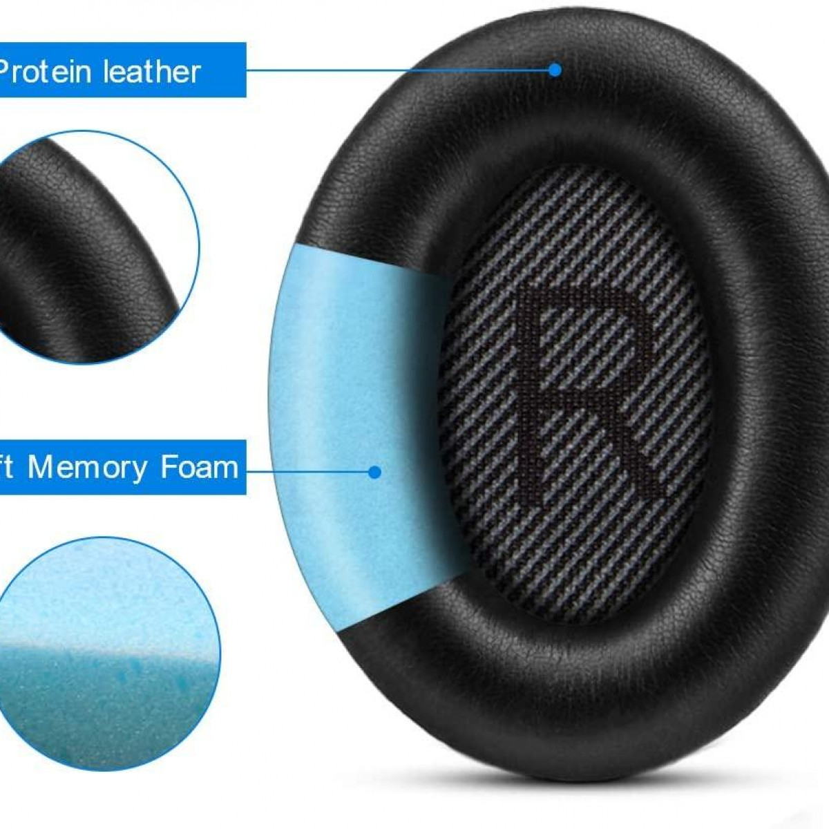 Słuchawka z czarnymi skórzanymi poduszkami i niebieską pianką. Białe tło. Ujęcie z bliska.