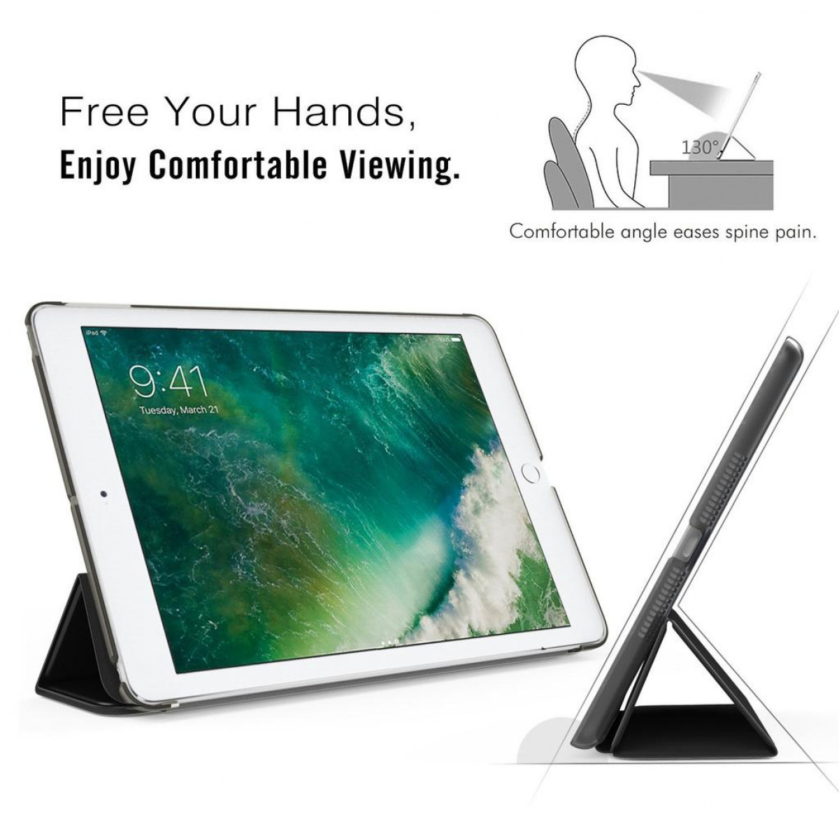 Tablet in einem Ständer, abgewinkelt für komfortables Betrachten, mit Textüberlagerung.