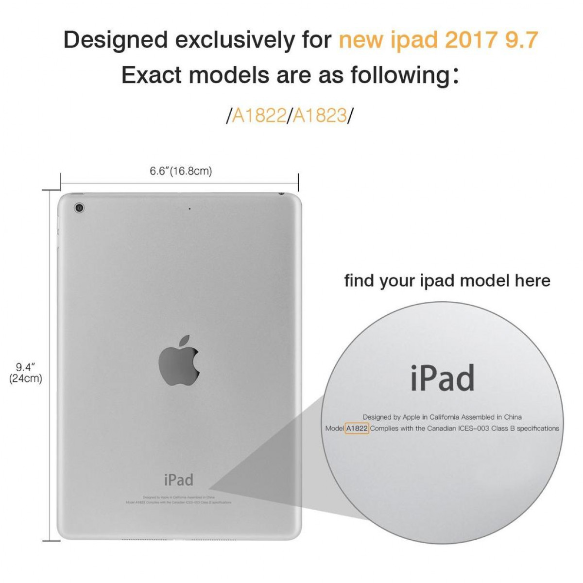 Ein iPad auf weißem Hintergrund. Text: Exklusiv für das neue iPad 2017 9.7 entworfen und finden Sie Ihr iPad-Modell hier.