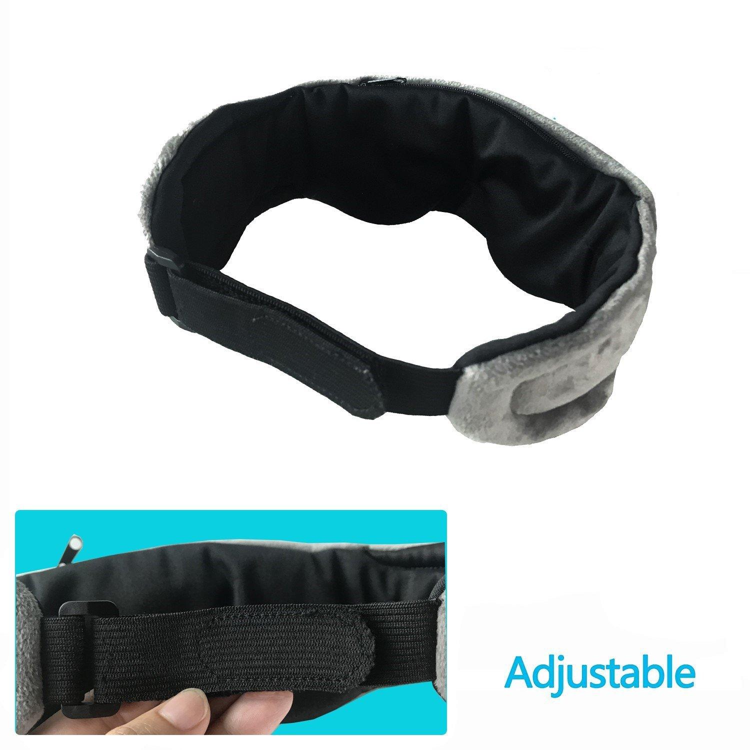 Szara maska do spania z regulowanym paskiem, szczegół paska.