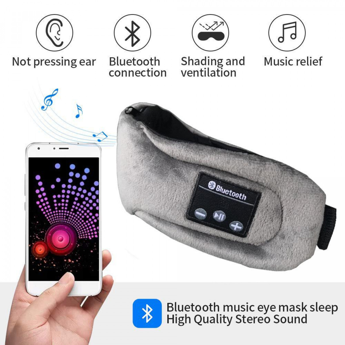 INF Schlafmaske mit Kopfhörer Bluetooth On-ear integrierten Kopfhörern 5.0 Bluetooth grau schwarz