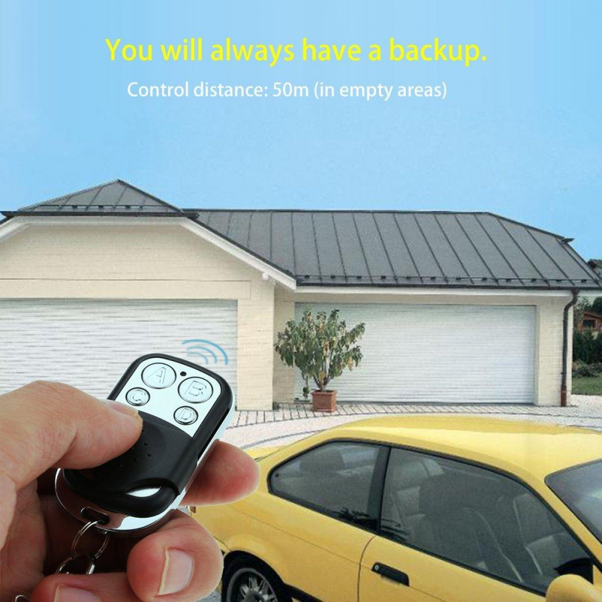 Pilot w pobliżu domu i żółtego samochodu, z tekstem o kopii zapasowej i zasięgu.